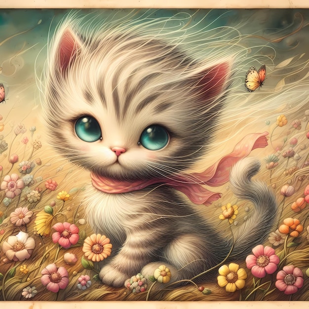 Photo a painting of a kitten with a ribbon around its neck