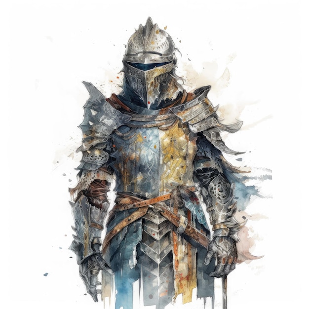 A painting of a knight in armor with a sword on it.