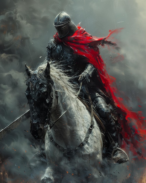 Photo painting of a knight on a horse with a red cape generative ai