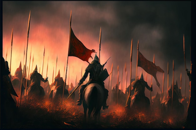 A painting of a knight on horseback with a red flag on the back