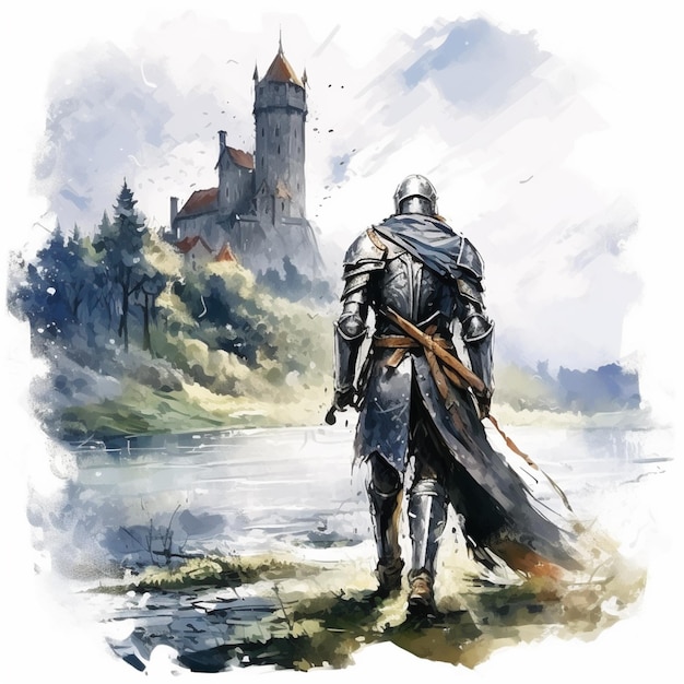 Painting of a knight walking in front of a castle with a sword generative ai