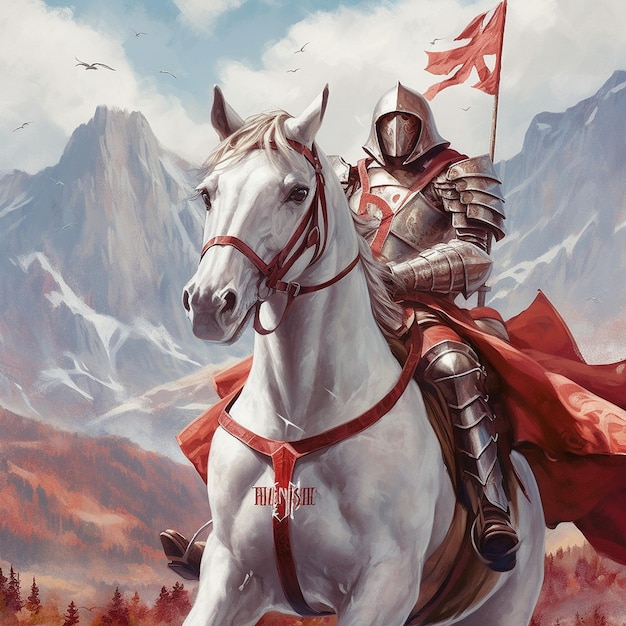 Photo a painting of a knight on a white horse with a red flag on it.