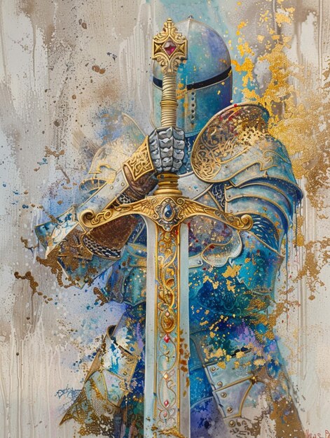 painting of a knight with a sword in his hand generative ai