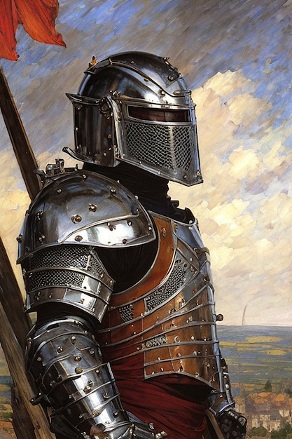 A painting of a knight with a sword on it