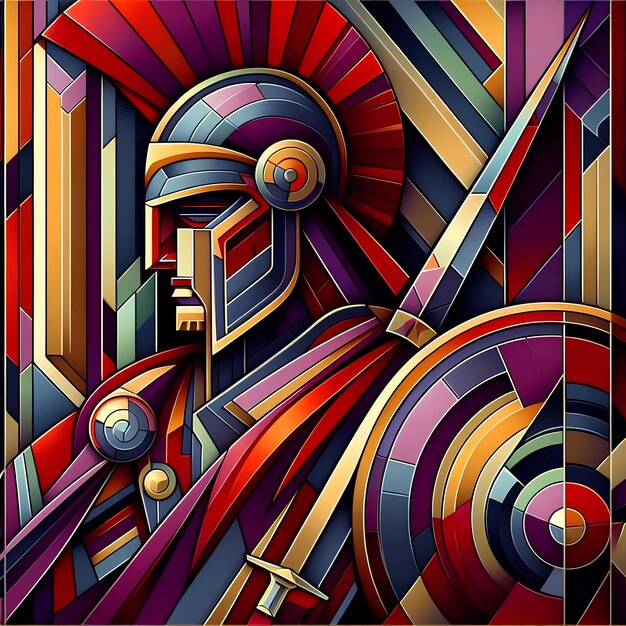 a painting of a knight with a sword and shield