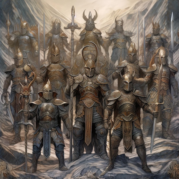 a painting of knights in armor with a sword in the middle