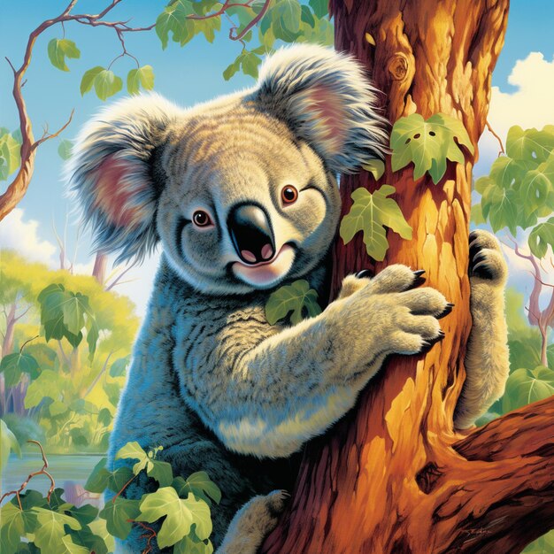 Painting of a koala bear climbing a tree in a forest generative ai