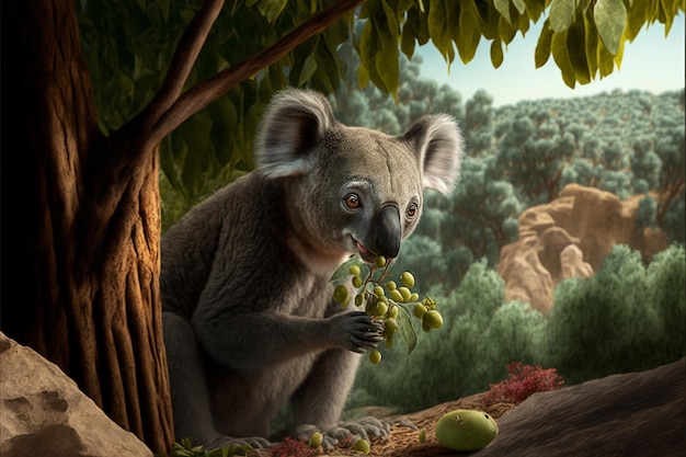 A painting of a koala eating grapes in a forest.