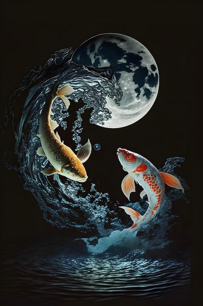 A painting of a koi fish and the moon