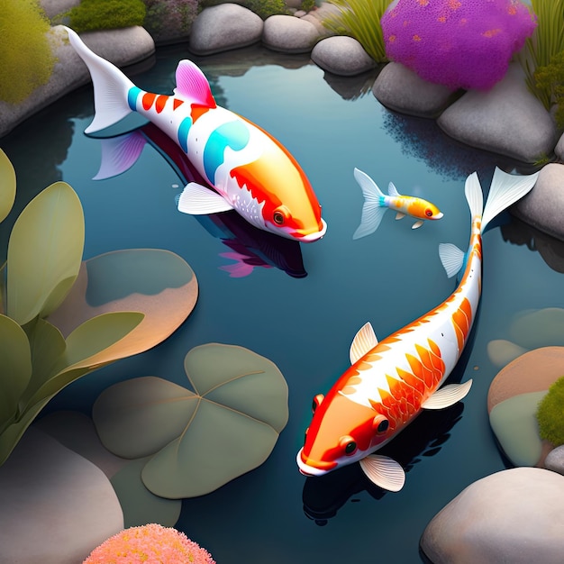 a painting of koi fish in a pond with a fish in the middle.