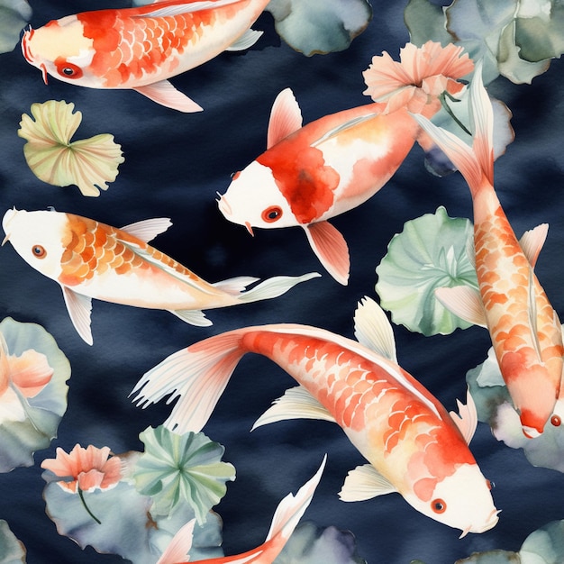 A painting of koi fish in a pond with leaves and flowers.