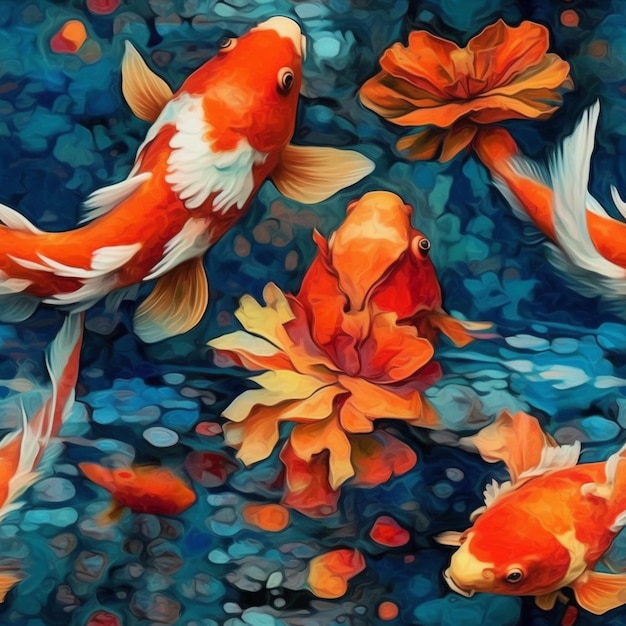 A painting of koi fish in a pond.