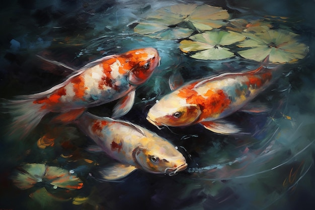 A painting of koi fish in a pond