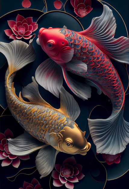 A painting of a koi fish with a red flower on the bottom.