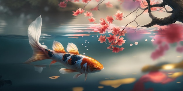 A painting of a koi swimming in a pond with pink flowers.