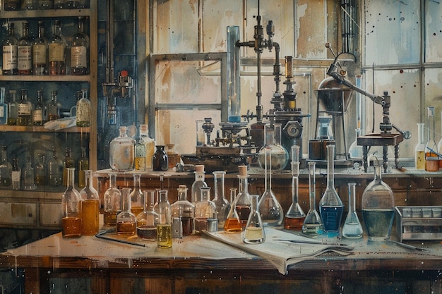 картина лаборатории с множеством различных типов химических бутылок