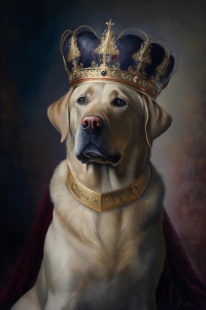 A painting of a labrador dog wearing a crown.