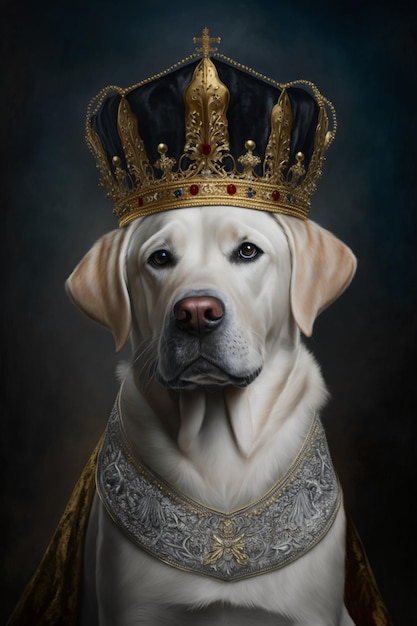 A painting of a labrador retriever wearing a crown.