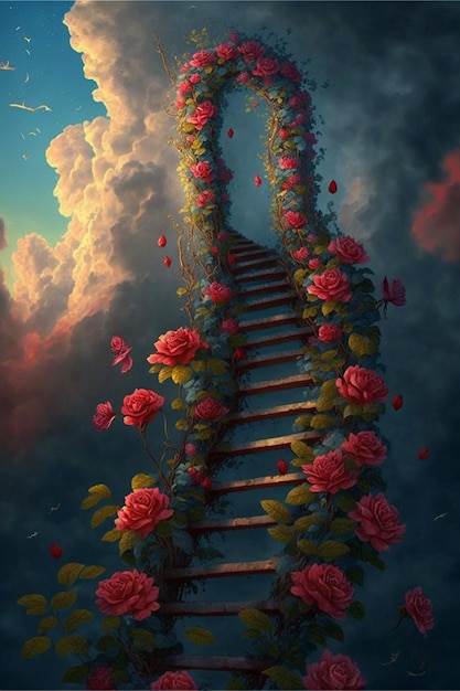 Painting of a ladder with roses on it generative ai