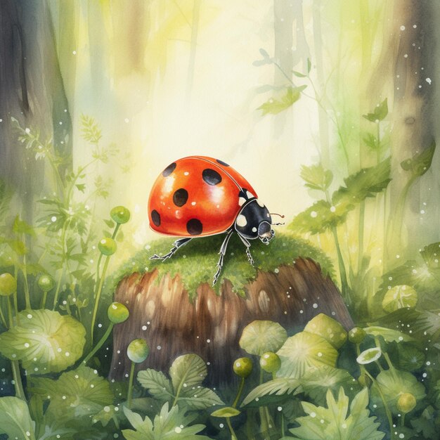 painting of a ladybug sitting on a rock in a green forest generative ai