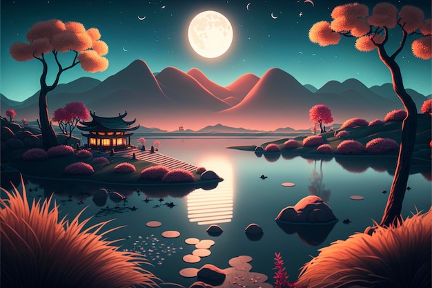 Painting of a lake at night with a full moon in the sky generative ai