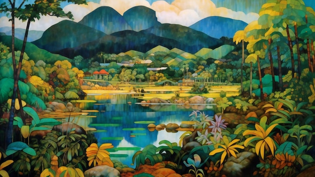 Painting of lake in the park on the wall thailand