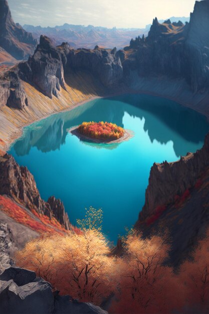 Painting of a lake surrounded by mountains generative ai