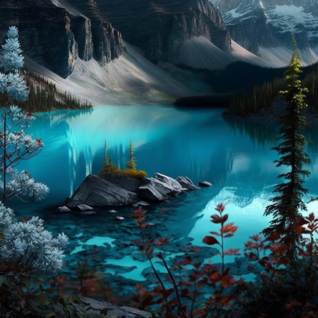 Painting of a lake surrounded by mountains and trees with a mountain in the background generative ai