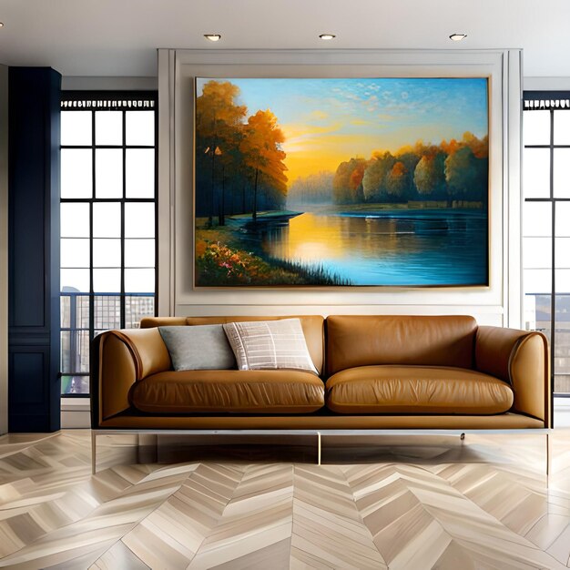 A painting of a lake and a tree on the wall