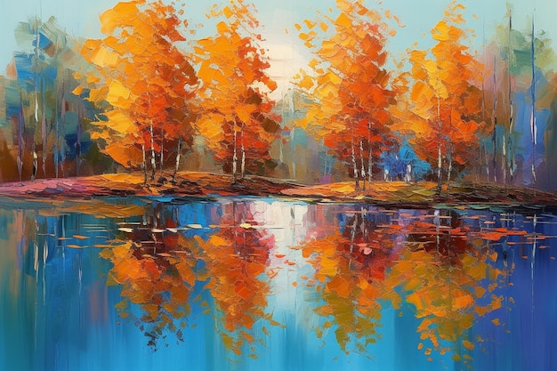 A painting of a lake with autumn trees on it