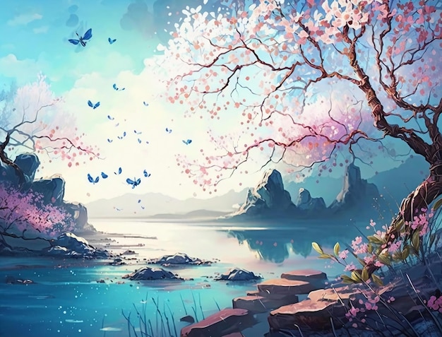 A painting of a lake with a beautiful cherry blossom tree.