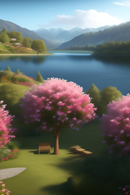 Картина озера со скамейкой и деревьями на переднем плане.