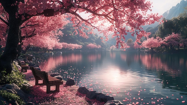 Photo a painting of a lake with a bench and the water in the background