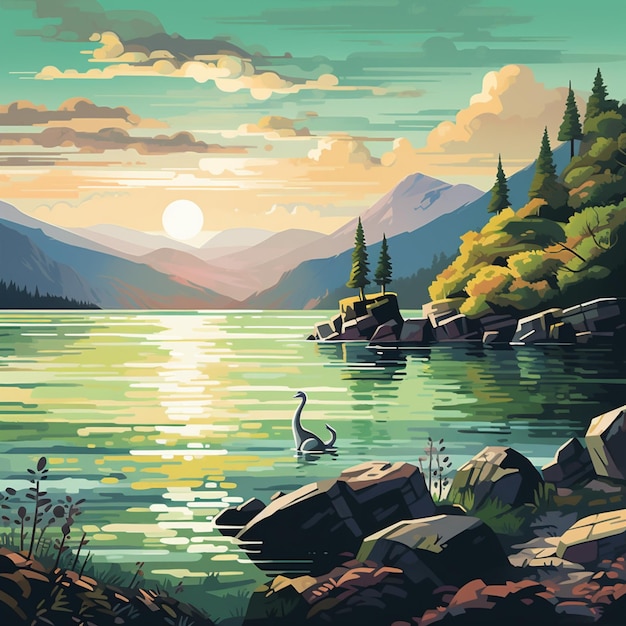 Photo painting of a lake with a bird and a mountain in the background generative ai