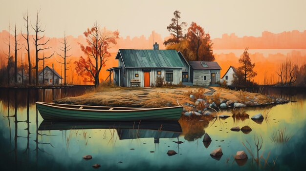 A painting of a lake with a boat and a house