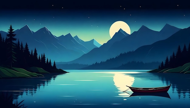 Photo a painting of a lake with a boat and the moon in the sky