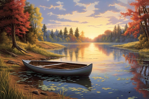 ボートのある湖とその後ろに沈む夕日の絵。
