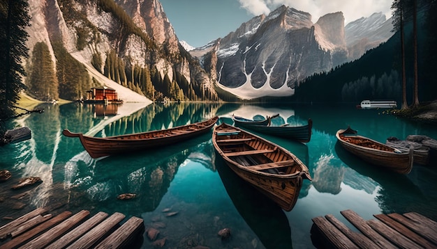 Foto un dipinto di un lago con barche e montagne sullo sfondo