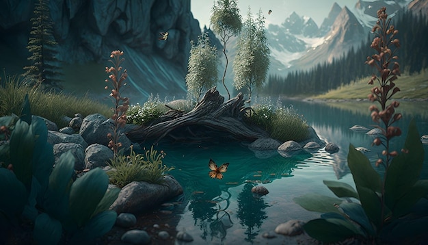 A painting of a lake with a butterfly on it