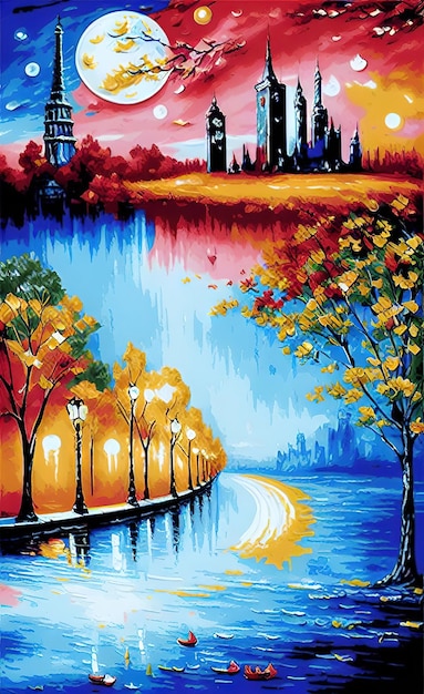A painting of a lake with a castle in the background.