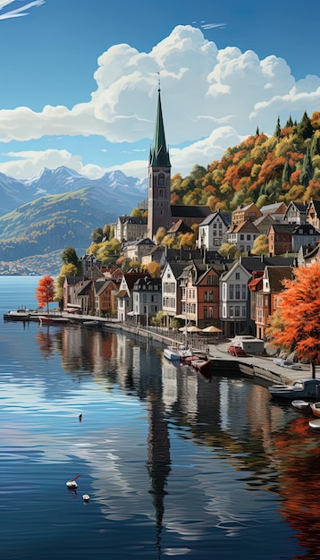 Photo a painting of a lake with a church and a lake