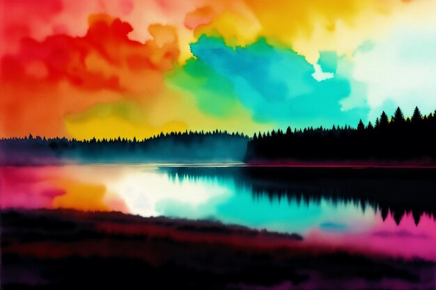 カラフルな空と森という言葉が描かれた湖の絵。