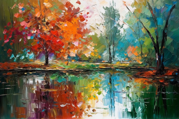 A painting of a lake with colorful trees.