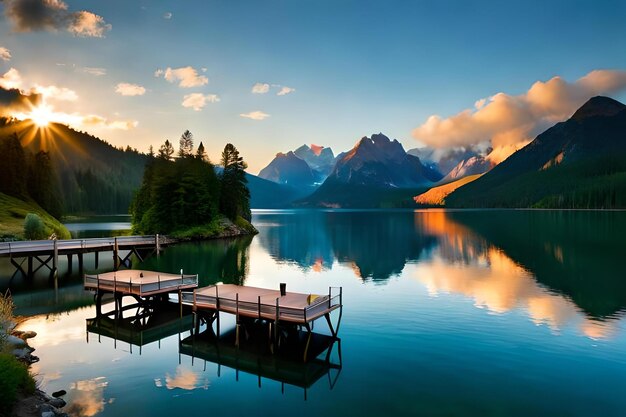 A painting of a lake with a dock and a dock with a mountain in the background