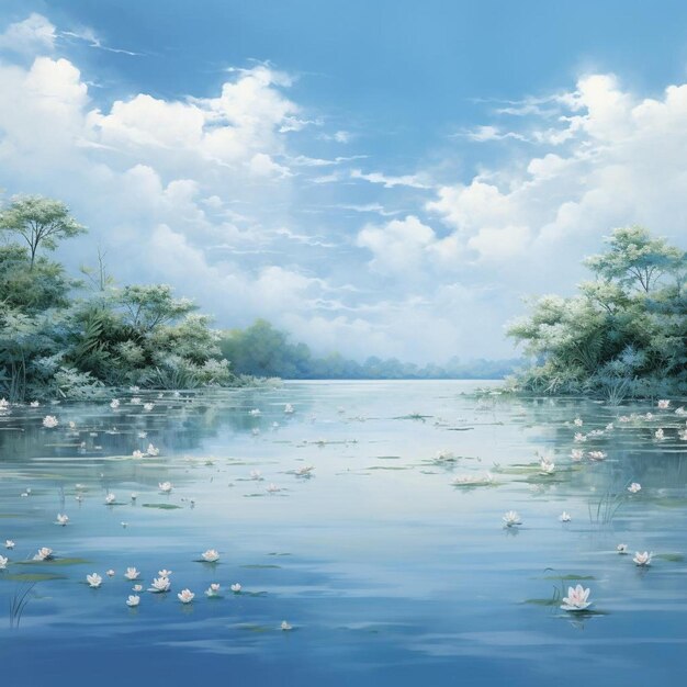 A painting of a lake with ducks and flowers in the water