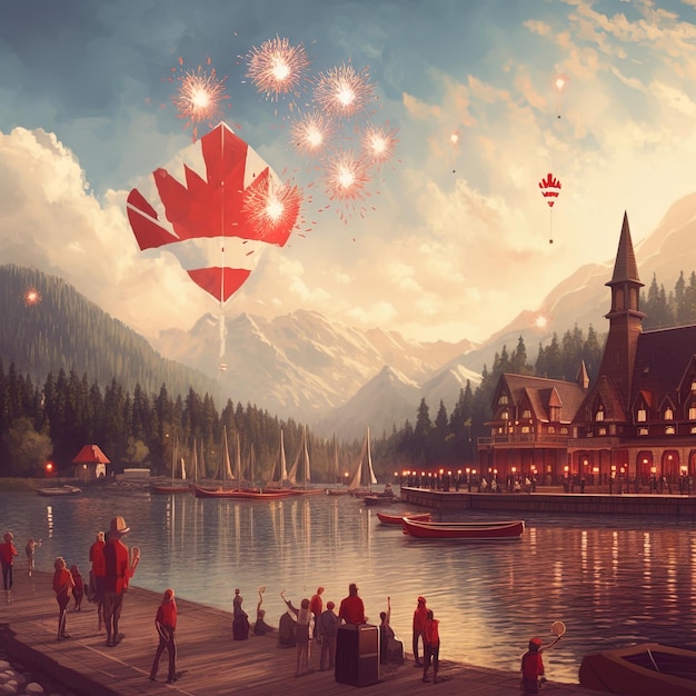 A painting of a lake with fireworks in the sky and people on it.