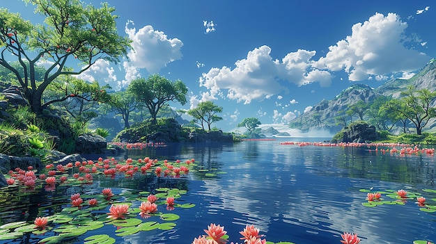 a painting of a lake with flowers and a bird flying above it