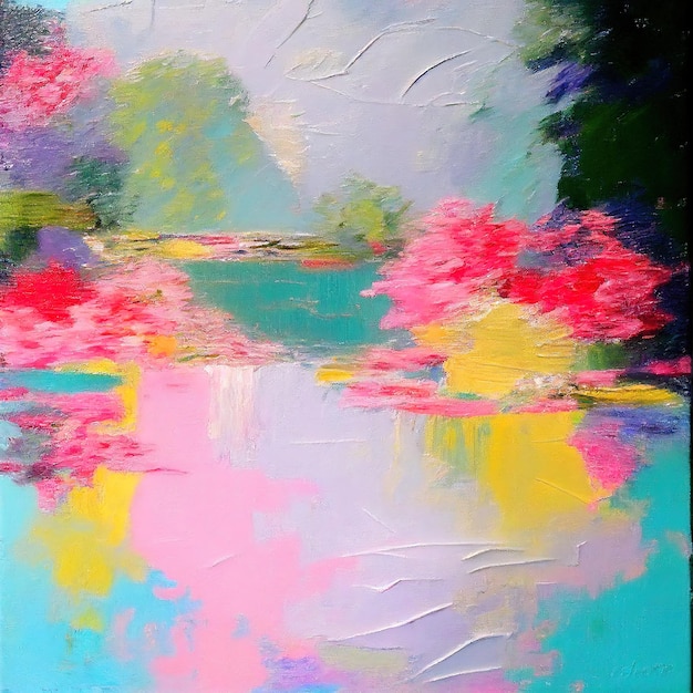 a painting of a lake with flowers in the water