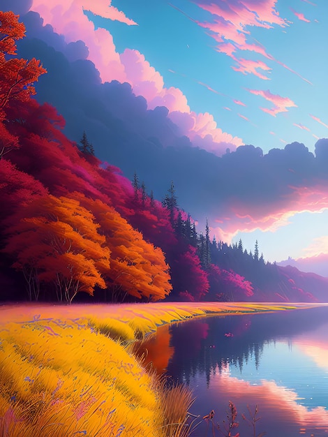 A painting of a lake with a forest of colorful trees.