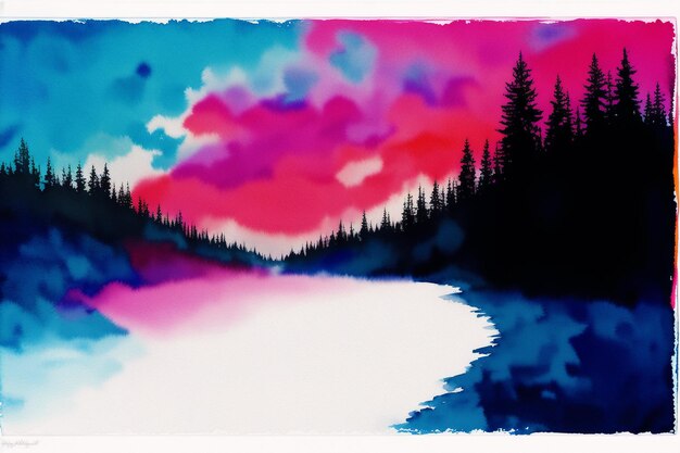 A painting of a lake with a forest and a pink sky.